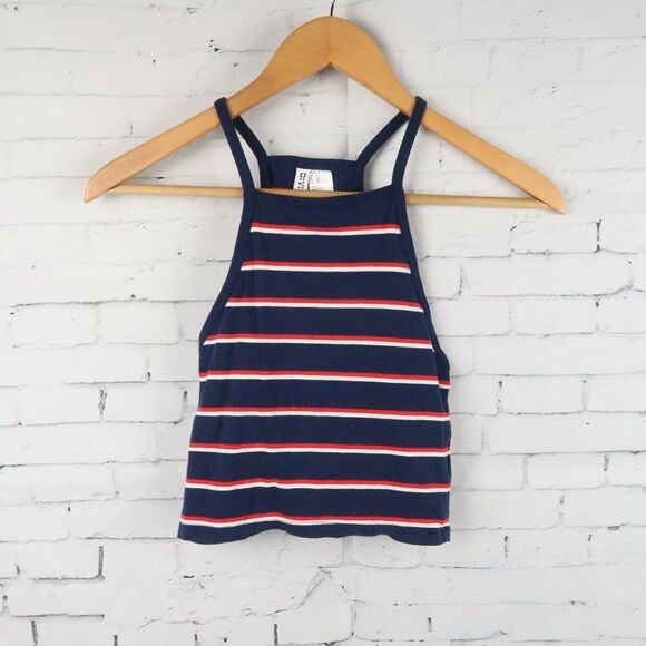 H&M BASIC BLUE WITH WHITE & RED STRIPE HIGH NECK SLEEVELESS CROP TOP SIZE XS - Picture 5 of 6